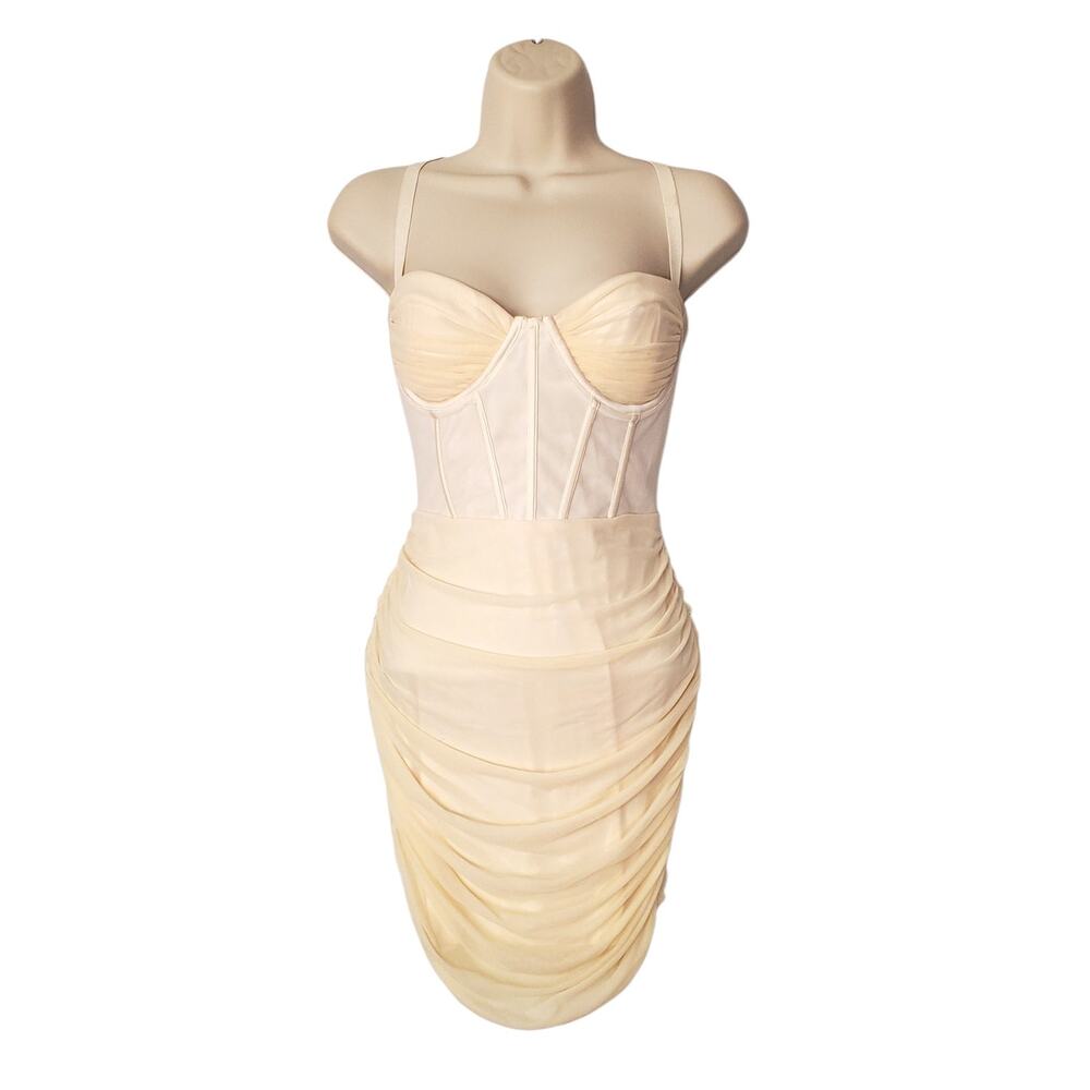 Oh Polly Overload Mesh Bodycon Corset Mini Dress Ivory Cream Ruched Lined Size 6 - Picture 4 of 14
